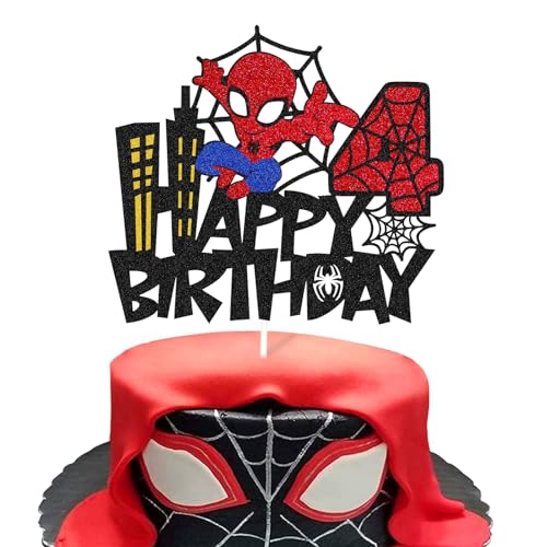 Ctxtqtdt Spiderm Tortendeko 4. Geburtstag Junge, Spiderm Cake Topper 4. Geburtstag, Kuchen Deko Set, Happy Birthday Topper für Kinder Geburtstag Party Supplies (4) von Ctxtqtdt