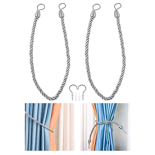 Vorhangseil Raffhalter, 2 Pack Seile Raffhalter für Fenstervorhänge, Handstrickschnalle Kordelzug Raffhalter mit 2 Metallschraubenhaken, Halter für Vorhänge (grau) von Cuayaes