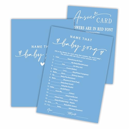 Name That Baby Song Babyparty-Spielkarten – Minimalismus Blau – 30 doppelseitige Spielkarten zum Ausfüllen mit Antwortkarte, Geschlechtsoffenbarung, Baby-Ankündigung, Partyspiele & Aktivität – C15 von Cudwid