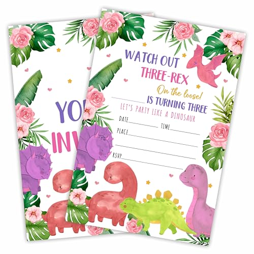 Three-Rex Geburtstagseinladung, Dinosaurier-Thema, 3. Geburtstag, Partyeinladungskarten mit Umschlägen, doppelseitig, zum Ausfüllen für Jungen und Mädchen, Partygeschenk und Dekorationen (20 Stück) – Three-Rex Geburtstagseinladung, Dinosaurier-Thema, 3. Geburtstag, Partyeinladungskarten mit Umschlägen, doppelseitig, zum Ausfüllen für Jungen und Mädchen, Partygeschenk und Dekorationen (20 Stück) – von Cudwid