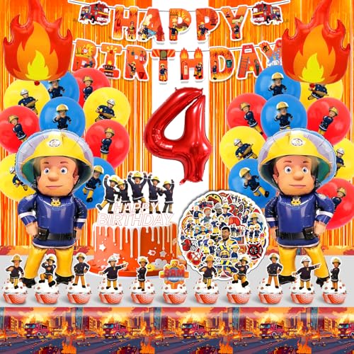 110 Pcs Feuerwehr Geburtstag Deko 4 Jahre,Feuerwehrauto Ballon Kindergeburtstag Jungen Mädchen,Feuerwehrmann Party Deko Kit mit Banner Tortendeko Tischdecke Aufkleber,Feuerwehr Luftballon von Cuidongsheng