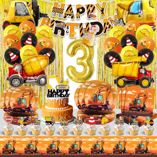 Bagger Geburtstag Deko 3 Jahre,Baustellen Luftballons Kindergeburtstag,Baufahrzeuge Partygeschirr Kit mit Teller Servietten Tischdecke Tortendeko Banner,Truck Party Ballon Helium von Cuidongsheng