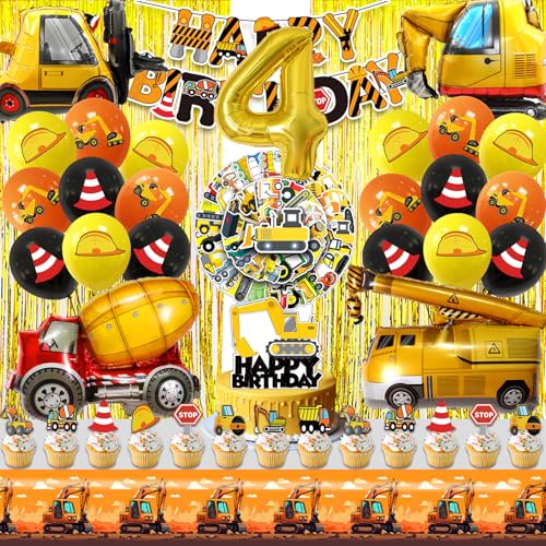 Baustelle Geburtstag Deko 4 Jahre,Bagger Luftballons Geburtstag 109 Pcs,Baufahrzeug Kindergeburtstag Kit Jungen Mädchen mit Banner Tortendeko Tischdecke,Truck BAU Ballons Party Dekoration von Cuidongsheng