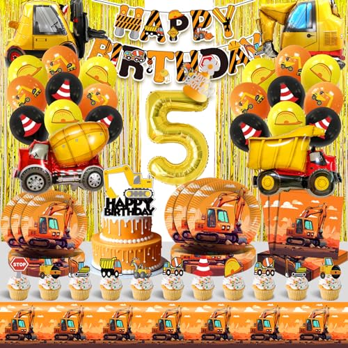 Baustellen Deko Kindergeburtstag 5 Jahre,Bagger Partygeschirr Kit mit Teller Servietten Tischdecke Tortendeko,BAU Thema Luftballon Geburtstag Dekoration Kinder,Truck Party Ballon Helium von Cuidongsheng