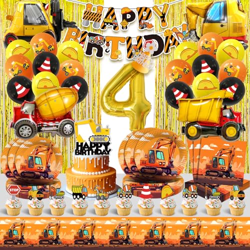 Baustellen Geburtstag Deko 4 Jahre,Bagger Kindergeburtstag Luftballons 96 Pcs,Bagger Partygeschirr Set mit Pappteller Servietten Tischdecke Tortendeko,BAU Thema Ballon Geburtstag Jungen Mädchen von Cuidongsheng