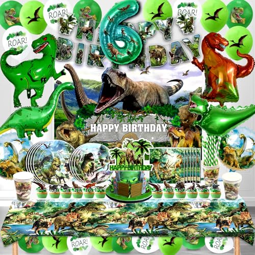 Dino Deko Geburstag Junge 6 Jahre,Dinosaurier Kindergeburtstag Ballons 146 Pcs,Dino Geburtstag Geschirr Set für 10 Gäste,Dino Luftballon Helium,Dschungel Geburtstag Party Dekoration von Cuidongsheng