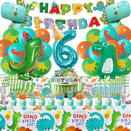 Dino Geburstagdeko Luftballons 6 Jahre,Dinosaurier Kindergeburtstag Deko 104 Pcs,Dino Ballons Helium,Dschungel Geburtstag Party Deko Junge,Dino Geschirr mit Servietten Teller Tortendeko von Cuidongsheng