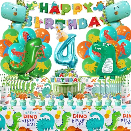 Dino Geburtstag Deko 4 Jahre,Dinosaurier Kindergeburtstag Deko Luftballons 104 Pcs,Dino Partygeschirr mit Servietten Teller,Dino Party Deko, Dschungel Geburtstag Ballons Jungen Mädchen von Cuidongsheng