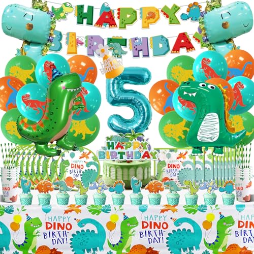 Dino Kindergeburtstag Deko 5 Jahre,Dinosaurier Geburtstagsdeko Luftballons 104 Pcs,Dino Partygeschirr Set,Dino Party Deko,Dschungel Ballons Helium,Geburtstag Deko Kit Jungen Mädchen von Cuidongsheng