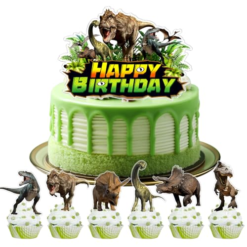 Dino Kuchen Deko,Dinosaurier Tortendeko 7 Stück,Dino Kindergeburtstag Kuchendeko,Dino Thema Cupcake Cake Topper für Geburtstagdeko,Dschungel Kuchen Dekorationen,Dino Party Deko von Cuidongsheng