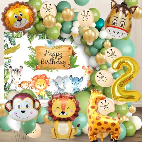 Dschungel Deko Kindergeburtstag 2 Jahr,Tiere Geburtstag Luftballons 80 Pcs,Safari Geburtstagsdeko Ballons,Waldtiere Thema Party Grünes Gold Ballon,Deko 2.Geburtstag Junge Mädchen von Cuidongsheng