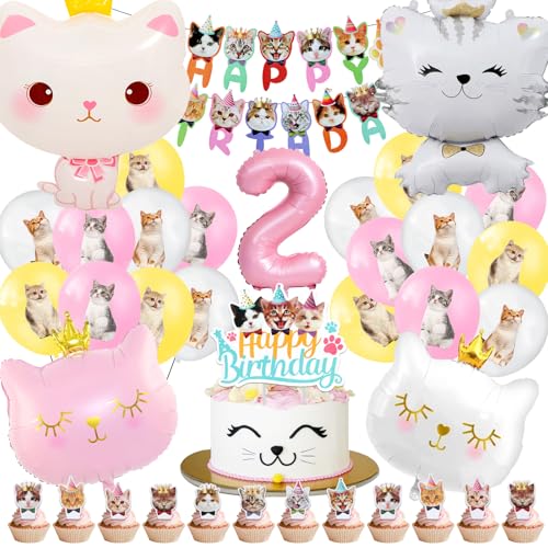 Katzen Deko Geburtstag 2 Jahre,Katzen Luftballons 51 Pcs,Katzen Kindergeburtstag Party Deko,Katze Ballons Helium,Katze Kinder Geburtstagsdeko Mädchen Jungen,Tiere Haustier Deko Folienballon Kit von Cuidongsheng