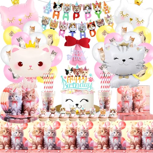 Katzen Geburtstag Deko,Katze Luftballons 103 Pcs,Katze Kindergeburtstag Deko Mädchen,Katzen Thema Helium Ballon Party Deko,Katzen Partygeschirr Set mit Pappteller Servietten von Cuidongsheng