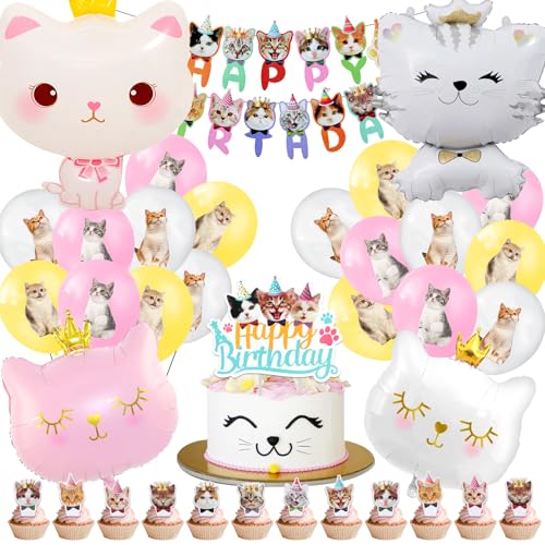 Katzen Geburtstag Deko 50 Pcs,Katze Luftballons Kit,Katzen Kindergeburtstag Deko Mädchen,Katze Thema Helium Ballon,Katzenkopf Folienballon Party Dekoration,Haustier Geburtstagsdeko Set von Cuidongsheng