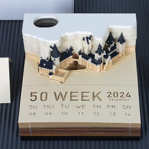 Castle 3D-Notizblock mit Licht, Multifunktionaler 2024-Kalender-Notizblock und Praktischen Aufklebern, Kreative Handgerissene Papierschnitzerei, Vielseitige Display-Dekoration, von Cuifati