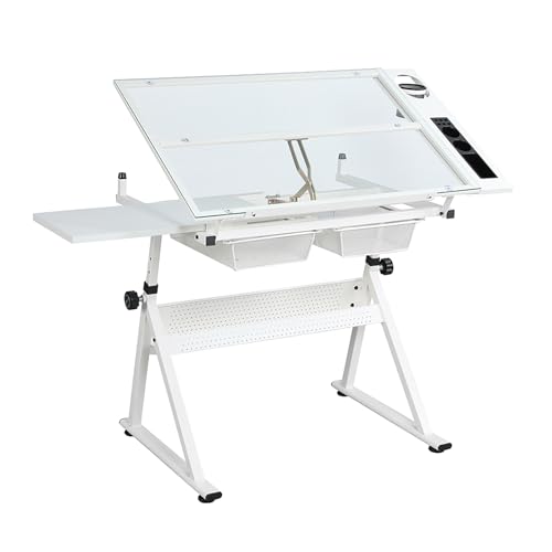 CuisinSmart Zeichentisch mit Hocker, höhenverstellbar, multifunktional, für Kunsthandwerk, Künstler, Schreibtisch, neigbar, Glas, Tischplatte, Diamantgemälde, Arbeitsplatz, mit 2 Schubladen für Home CuisinSmart Zeichentisch mit Hocker, höhenverstellbar, multifunktional, für Kunsthandwerk, Künstler, Schreibtisch, neigbar, Glas, Tischplatte, Diamantgemälde, Arbeitsplatz, mit 2 Schubladen für Home von CuisinSmart