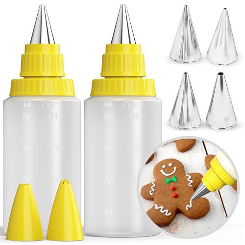 CukkiCakes (2) Spritzflasche 60ml + (4) Spritztüllen (Größe M) Set Mit 6 Stk.- Zuckerguss Tube, Schreibe Glasur Kekse - Zuckerguss Stift, Dekorierflasche Kekse Verzieren Zeichne Cupcakes Torten von CukkiCakes