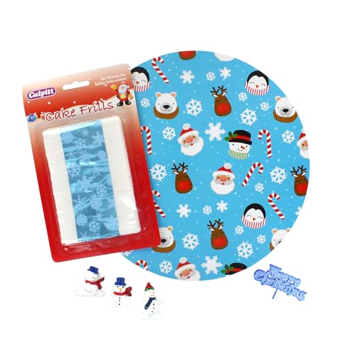 Culpitt Schneemann-Weihnachts-Kuchen-Set, 25,4 cm, festliche Kuchenplatte, silberne Kuchenrüschen und Kuchenaufsätze, inklusive Schneemänner und blauer Frohe Weihnachten, 6-teiliges Set von Culpitt