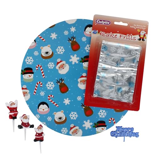 Culpitt Weihnachtsmann-Kuchen-Set, 25,4 cm, festliche Kuchenplatte, silberne Kuchenrüschen und Kuchenaufsätze, inklusive Tumbling Santas und Merry Christmas Plakette, 6-teiliges Set von Culpitt