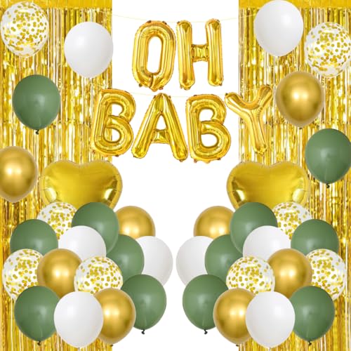 Salbeigrün Babyparty Dekoration für Mädchen Jungen, Boho Greency Neutral Party Supplies, Gold Herz Ballon Regen Vorhang mit Oh Baby Folienballon Girlande Kit für Woodland Safari Geschlecht Offenbarung von Cunnikku