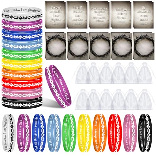 Cunno 50 Sets Oster-Partygeschenke, Dornenkrone, Silikon-Armband mit Gebetskarte, christliche Gummi-Armbänder, religiöses Geschenk-Set für Ostereierfüller, Geschenke, Korbfüller, Zubehör von Cunno