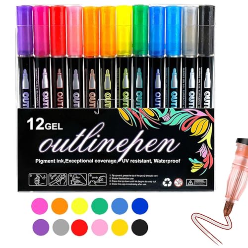 Farb-Lichtstab, Graffiti-Stifte, Glitzerstifte, Konturenmarker, Metallic-Marker, Doppel-Linien-Konturenstift, Marker-Sets zum Malen, Zeichnen, Geschenkkarten, Kritzeln (12-farbiges Set von CupitiDU