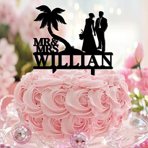 Strandthema Mr & Mrs Cake Topper Palme Hawaii Ozean Reise Geburtstag Kuchen Topper Benutzerdefinierte Name Datum Kalligraphie Acryl Schwarz Hochzeit Geburtstag Backen Kuchen Dekorationen Niedliche von CustonCares