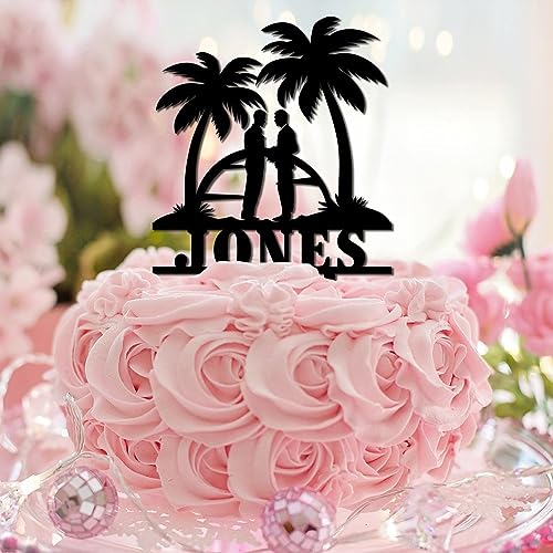 Tortenaufsatz mit Aufschrift "Gay Couple Mr & Mr Tropical Name Two Grooms" Ehe Gleichheit Cupcake Topper Palme Hawaii Strand Reise Acryl Schwarz Party Verlobung Dekoration Supplies Lustige Geschenke von CustonCares