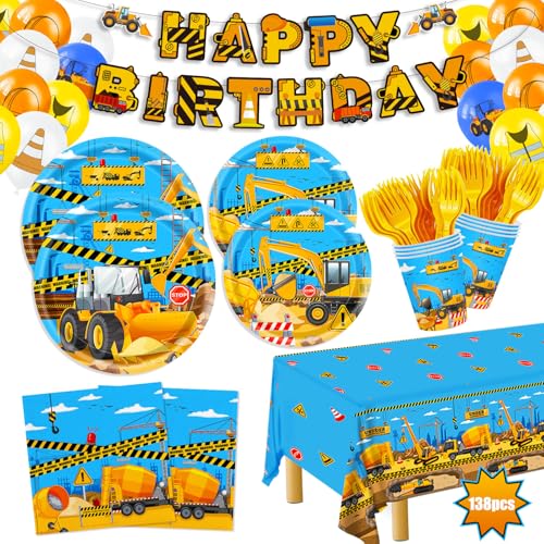 Bau Party Teller Bau Geburtstag Party Supplies 138pcs Bau Geburtstag Dekorationen Inklusive Bau Becher Servietten Tischdecke Ballon und Banner für Jungen Kinder Dient 24 Gäste von Cutedog