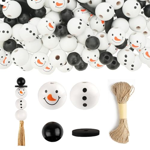 Holzperlen Natur,80pcs Natürliche Holzperlen Schneemänner,Holzperlen Weihnachten,20mm Schneemann-Gesicht Holzperlen-Set,Holzkugeln mit Schneemänner Gesicht,für DIY Basteleien,Weihnachten Dekorationen von Cutiolly