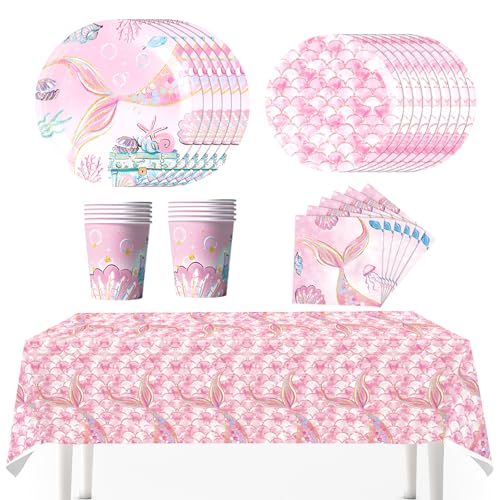 CutitiUU 51 PCS Meerjungfrau Schwanz Thema Party-Geschirr-Set,Partygeschirr-Set für Mädchen,Meerjungfrau Partygeschirr Set für Mädchen,Party Supplies Geschirr Set für Geburtstag,Babyparty (Rosa) von CutitiUU