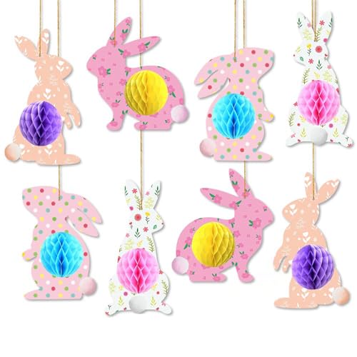 CutitiUU 8 Stück Ostern Bienenwabe zum Aufhängen, Osterhasen-Dekorationen, Osterdeko Wabenball Papier Ostereier zum Aufhängen Hase mit 3D-Wabenpapier für Oster,Deko Frühling,Party Deko von CutitiUU