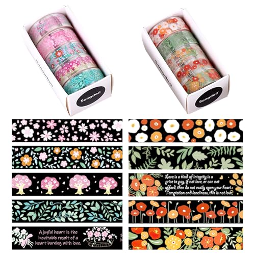 CutitiUU Washi Tape Set PET Washi Tape Transparent Florales Washi Tape 10 Rollen Dekoratives Klebeband Vintage Aufkleber DIY Basteln Florale Muster Scrapbooking (A) von CutitiUU