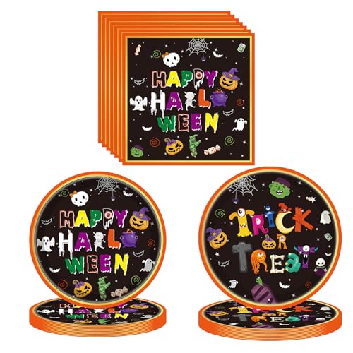 Halloween Party Geschirr Set 24pcs Party Tischdecke Papierteller Tassen Servietten für Halloween Party Supply Party Zubehör Kürbis und schwarze Katze gemusterte Tischdecke (A) von CutitiUU