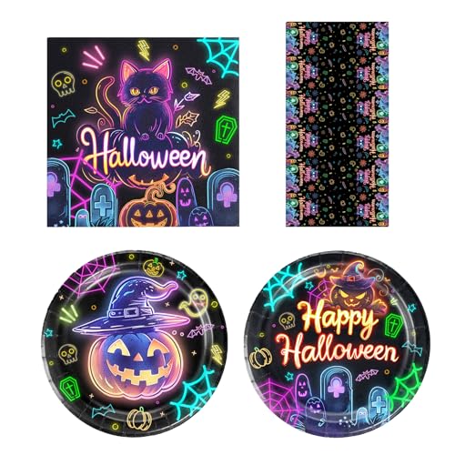 Halloween Party Geschirr Set 24pcs Party Tischdecke Papierteller Tassen Servietten für Halloween Party Supply Party Zubehör Kürbis und schwarze Katze gemusterte Tischdecke (B) von CutitiUU