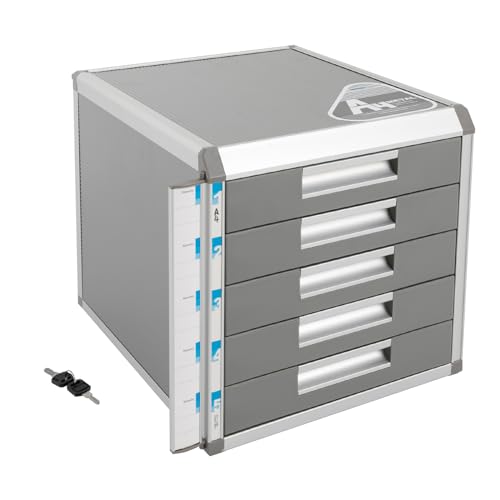 Cutycaty Ablagebox Metall Schubladenbox Abschließbar Dokumenten Aufbewahrung Ablagebox 3/5 Fächer, Schubladenbox A4 Aktenschrank Aluminiumlegierung Bürobox mit Etiketten zur Beschriftung (5 Ebenen) von Cutycaty