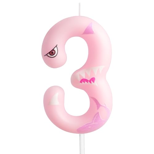 3. Geburtstag Kerze Hai Nummer 3 Kerze Hai Kuchen Dekoration Geburtstag Party Supplies Rosa Hai Ozean Tiere Themed Cake Topper Dekorationen für Kinder Jungen Mädchen Party Decor Supplies von Cxryrzhe