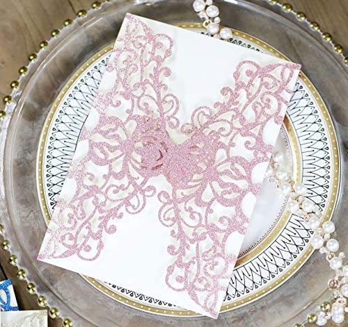 50sets Glitter Laser Cut Lace Flora Hochzeit Einladungskarten mit Schmetterling und Umschlägen für Brautdusche Verlobung Quinceañera Hochzeit Einladung (nur Einladungskarten, Glitzer Rosa) von Cylallen