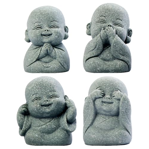 Cymwer 4 kleine Mönchsfiguren, niedliche kleine Buddha Mönche hören Nichts Böses sehen kein Übel sprechen kein Übel tun kein ÜbelStatue for Zuhause Büro Auto Dekor von Cymwer