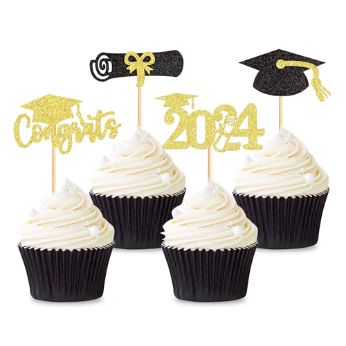 Cyodoos 2023 Abschlussfeier Cupcake Topper 2023 Abschlusskappe Diplom Congrats Cupcake Picks 2023 Abschluss Gratulation Thema Party Kuchen Dekorationen Supplies - Gold Schwarz Glitzer von Cyodoos