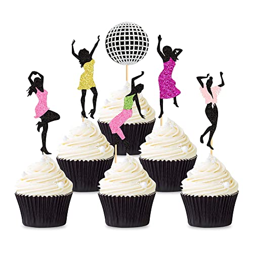 Cyodoos 24 Stück 70er Jahre Disco Cupcake Topper 70er Jahre Disco Tanzen Cupcake Picks 80er Jahre Disco Tänzerin Laser Ball Kuchen Dekorationen für Musik Disco Thema Hochzeit Männer Frauen Geburtstag Party Supplies von Cyodoos