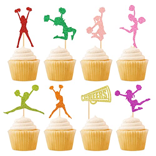 Cyodoos 24 Stück Cheerleading-Cupcake-Topper, bunte Glitzer-Cheerleader-Silhouette, Zahnstocher, Turnerin, Mädchen, Kuchenplektren, Dekorationen für Fitnessstudio, Thema, Babyparty, Geburtstagsparty, Zubehör von Cyodoos