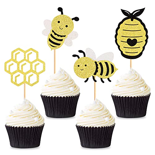 Cyodoos 24 Stück Hummel Cupcake Topper Glitzer Biene Geschlecht Reveal Honeycomb Cupcake Picks Baby Shower Geburtstag Party Kuchen Dekorationen Supplies von Cyodoos