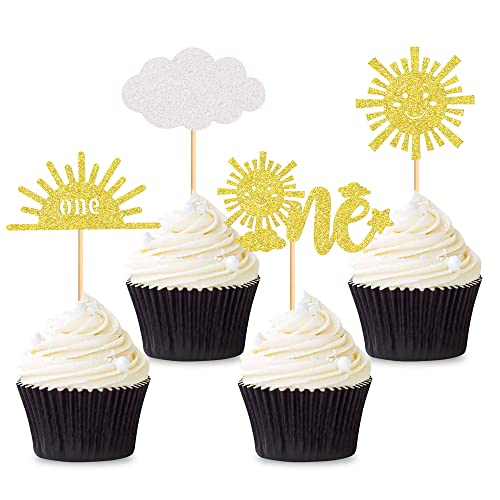 Cyodoos 24 Stück Sunshine One Cupcake Topper Sonne Simple Face Cloud You are My Sunshine First Birthday Cupcake Picks Baby Shower 1. Geburtstag Party Kuchen Dekorationen Zubehör – Gold Glitter von Cyodoos