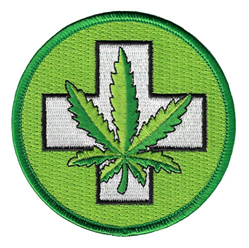 Medizinisches Marihuana Aufnäher zum Aufbügeln, medizinisches Cannabis, grünes Kreuz, Topfblatt, gesticktes Emblem von Cypress Collectibles Embroidered Patches