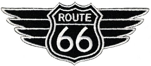 Route 66 Wings schwarz bestickter Aufnäher zum Aufbügeln Autobahn Straßenschild Biker Emblem Route 66 Wings schwarz bestickter Aufnäher zum Aufbügeln Autobahn Straßenschild Biker Emblem von Cypress Collectibles Embroidered Patches