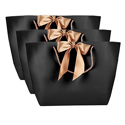 Cyrank 10 Schwarze Geschenktüten Mit Griffen, Dankeschön-Geschenktüten Mit Goldenen Griffen, Partytüten Mit Schleifenband, Schwarze Papiertüten Für Geburtstagshochzeit(S) von Cyrank