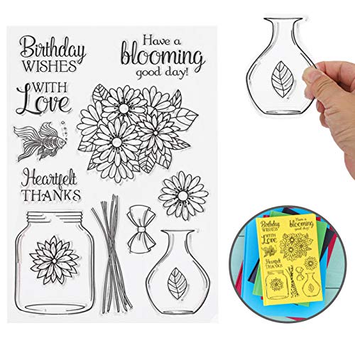 Cyrank Vase Clear Stamps, Sonnenblume Silikonstempel Vase Und Blumen Klare Stempel Für DIY Scrapbooking Dekor, Clear Stamp Set Für Kartenherstellung Dekoration Und Scrapbooking von Cyrank