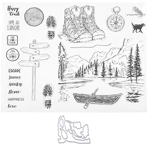 Klare Gummistempel, Cartoon Bergwald Bach und Wanderzubehör Muster Klare Stempel mit Stanzformen-Set für Kartenherstellung, Dekoration, Album, DIY-Handwerk von Cyrank