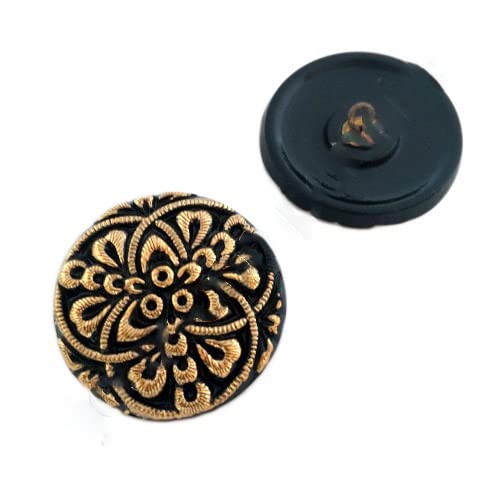 1 stk Handgemachte und lackierte tschechische Glasknopf mit Blumenmotiv schwarzem Gold, 27 mm (Hand made and painted Czech glass button with floral motive black gold) von Czech Glass